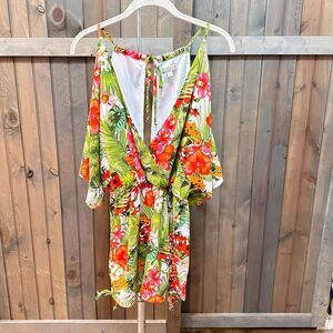 Gianni Bini Tropical Romper with Peek-A-Boo Sleeves, Size XS